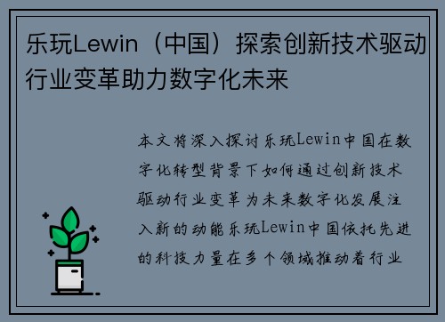 乐玩Lewin（中国）探索创新技术驱动行业变革助力数字化未来