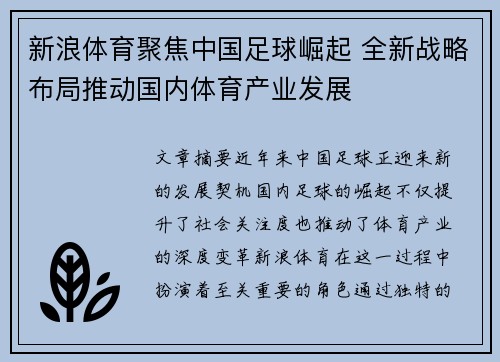 新浪体育聚焦中国足球崛起 全新战略布局推动国内体育产业发展
